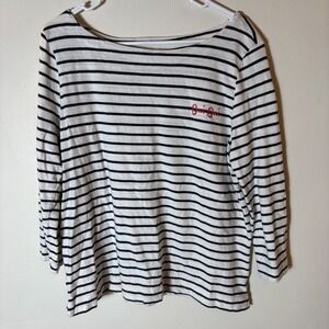 LOFT‎ Striped Boat Neck Top Oui Oui Embroidered Cotton White Navy XL